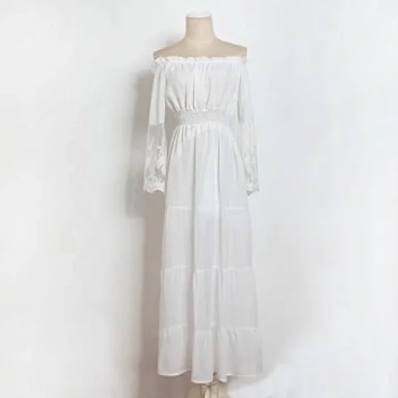 Elegant White Off-Shoulder Dress white boho dress - Picture 7 of 8